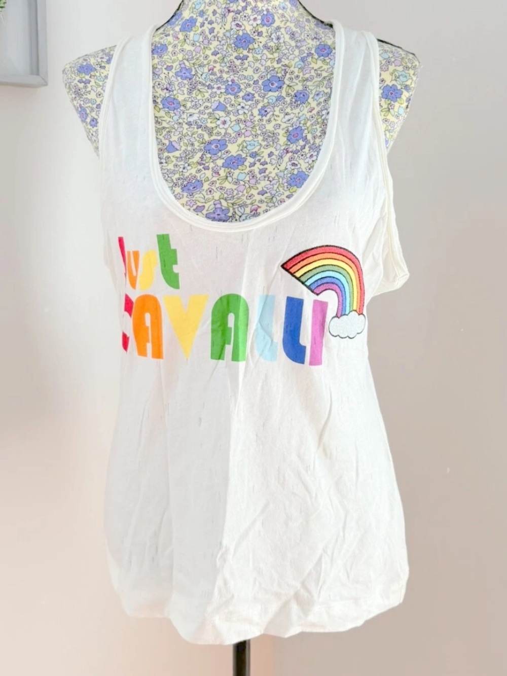 Just Cavalli White Tank Top with Rainbow Graphic, authentic , size 46